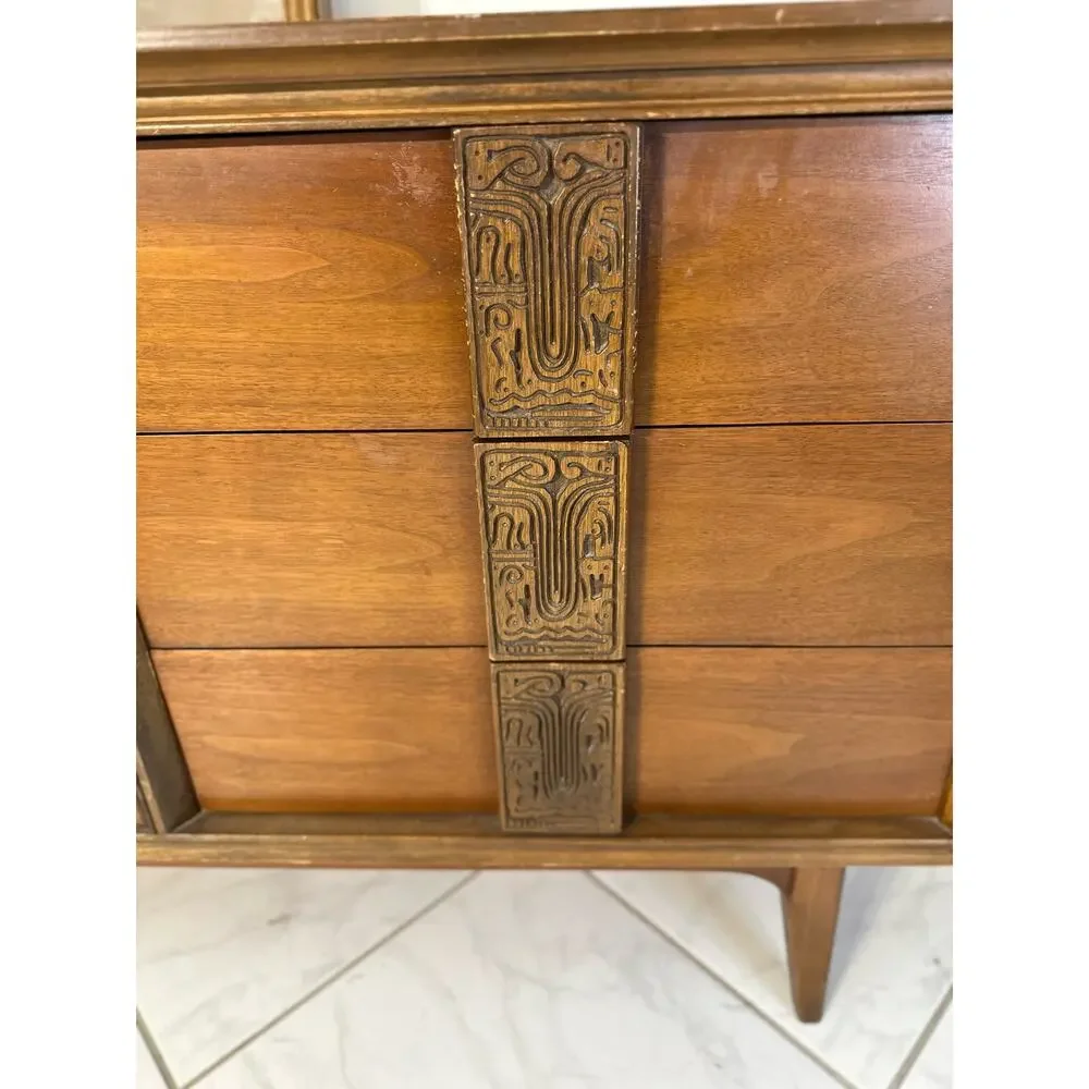 Bassett Mayan Walnut Credenza Long Dresser Marble Insets Mid Century Modern